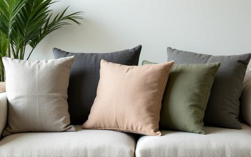 Set coordinato di cuscini in lino su un divano moderno.